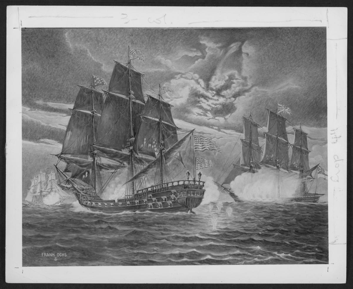 black and white painting of ships in battle