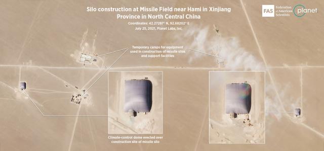 Renewed interest in China’s nuclear program spiked after the 2021 discovery of three new missile fields in north central China. Captured above are satellite images of silo construction at one such site—the missile field near Hami in Xinjiang Province. 