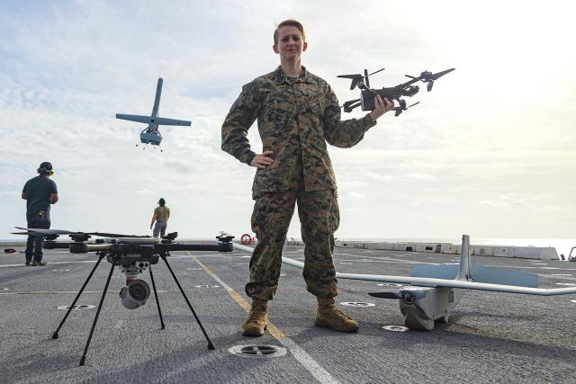 A Marine Corps unmanned systems operator on the USS Mesa Verde (LPD-19). Marine detachments equipped with small and medium-sized unmanned systems deployed on board Navy warships could provide an organic aviation and over-the-horizon ISR capability.