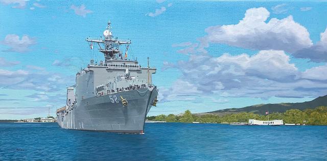 Rowe’s work depicts the Pearl Harbor arriving at Joint Base Pearl Harbor-Hickam and sailing past the USS Arizona Memorial.