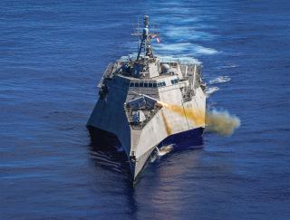 The USS Gabrielle Giffords (LCS-10) launches a Naval Strike Missile during an exercise in the Philippine Sea in 2019. The Naval Strike Missile is a long-range, antiship missile designed for high-end naval combat. 