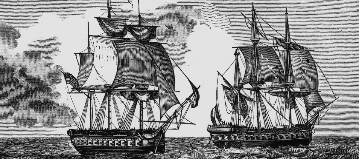 •	A print of the frigates USS Constellation and L'Insurgente at sea.