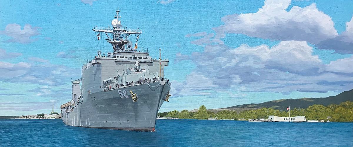 Rowe’s work depicts the Pearl Harbor arriving at Joint Base Pearl Harbor-Hickam and sailing past the USS Arizona Memorial.