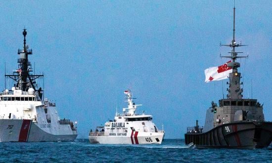 The USCGC Stratton (WMSL-752) with Indonesian Maritime Security Agency patrol boat Belut Laut-406 and Republic of Singapore Navy MSRV Bastion in May 2023.